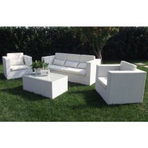 Salotto acapulco in wicker con divano. poltrone e tavolino bianco