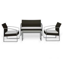 Salotto da Esterno Nero Eco Rattan Divano 2 Poltrone Tavolino Giardino Cuscini