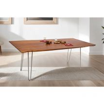 Esstisch Baumkante massiv Akazie nussbaum 200 Hairpin-Gestell silber HANNAH