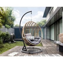 Samoa - fauteuil suspendu - résine tressée beige avec coussins gris