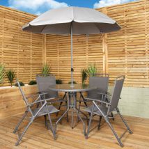 Samuel Alexander - Outdoor 4 Seater Round Glass Top Table and Chairs Patio Set with Parasol in Grey