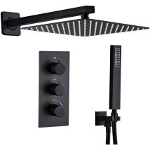 Ensemble De Douche Encastré Thermostatique Noir, Colonne Douche Salle De Bain, Douche Encastree Noire Avec Douchette À Main Et Douche De Tête 25x25cm 