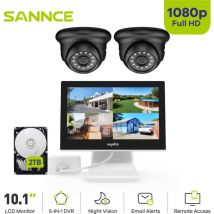 Sannce - 1080P Kit de Surveillance dvr 4 canaux avec 2 caméras de sécurité dôme extérieures 2MP, moniteur lcd coloré 10,1 pouces 2TB