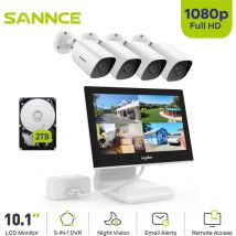 Sannce - 4CH Kits de Videovigilancia 10,1 ''lcd Monitor 1080P 4 Cámara Remoto Sistema de Cámara Seguridad - 2TB hdd