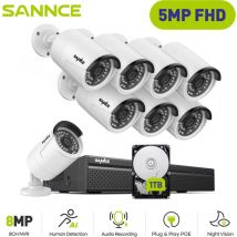 Sannce - 5MP H.264+ PoE nvr PoE nvr 8 Channel poe with 8 cctv Cameras 5MP Recorder Waterproof IP66 Security Camera System for Indoor Outdoor,1TB hdd