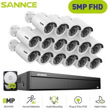 5MP Kit caméra de vidéosurveillance,Outdoor Security 4K H.265+ PoE nvr Video 16CH Audio 16Camera Video Surveillance System Set - 2TB hdd - Sannce