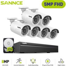 5MP Kit de Vidéosurveillance Exterieure 6×IP Caméras Smart ir Vision Nocturne H.265+ PoE Système de Caméra de Sécurité 2TB - Sannce