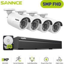 5MP Kit de Videovigilancia Exteriores 4 Cámaras ip Visión Nocturna Inteligente Infrarrojos H.265+ PoE Sistema Cámaras Seguridad 2TB - Sannce