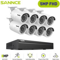 SANNCE 5MP Kit de Vidéosurveillance Exterieure 8×IP Caméras Smart IR Vision Nocturne H.265+ PoE Système de Caméra de Sécurité