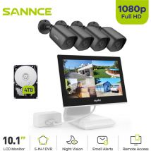 Sannce - Kit de Surveillance dvr 1080P 4 canaux avec 4 caméras de sécurité Bullet extérieures 2MP, moniteur lcd coloré 10,1 pouces 4TB