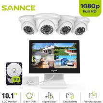 Sannce - Kit di Videosorveglianza 4CH Schermo 10.1' Telecamera 41080P Visione Notturna Sistema Sorveglianza Sicurezza Bianco - 1TB hdd