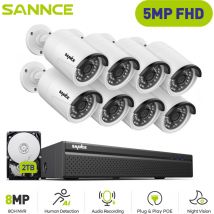 SANNCE Sistema de Cámara de Seguridad 8 Canales 5MP HD 8×Camara Smart IR Visión Nocturna Micrófono Incorporado Impermeable Videosurvelliance Kits