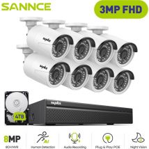 Sannce - Outdoor Video Surveillance Kit 3MP 8×IP Cameras Night Vision ir Smart, Wired Surveillance Camera Kit Motion Detection 4TB