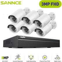 PoE Kits de videovigilancia,8CH nvr con 3MP × 6 Cámara Seguridad Visión Nocturna Exterior Cámara de Vigilancia - Sannce