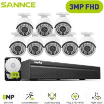 PoE Kit Cámaras de Vigilancia Cable,8CH nvr con 3MP × 8 Cámara Visión Nocturna Audio Alertas Sistema de Videovigilancia,1TB hdd - Sannce