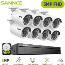 Sannce - Sistema de cámaras cctv cable PoE,16 canales cámara de seguridad PoE de 5MP× 8,grabación 24/7 visión nocturna,1TB hdd