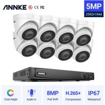 Sannce - annke 5MP PoE Sistema de cámara de seguridad ip con cámaras de torreta onvif 16CH 4K nvr cctv de visión nocturna en color de 100 pies para