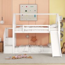 Lit Cabane avec Mains Courantes, Lit Superposé avec Échelle de Rangement et Toboggan pour Enfants Blanc 90x200CM
