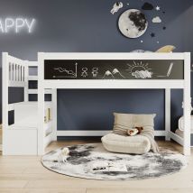 Lit Cabane, Lit Superposé avec Tableau Noir et Blanc, Rangement et Protection Contre Chutes 90x200CM