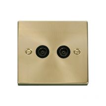 Satin / Brushed Brass 2 Gang Twin Coaxial TV Socket - Black Trim - SE Home