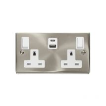Satin / Brushed Chrome 2 Gang 13A Type a & c usb Twin Double Switched Plug Socket - White Trim Se Home