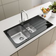 Artikitch - Kitchen Sink 1.5 Bowl rh Drainer Black Glass Stainless Steel Inset Waste