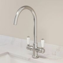Kitchen Tap Dual Twin Lever Modern Mono Sink Mixer Hot Cold Faucet - Burford Chrome Finish