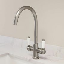 Kitchen Tap Dual Twin Lever Modern Mono Sink Mixer Hot Cold Faucet - Burford Brushed Nickel Finish