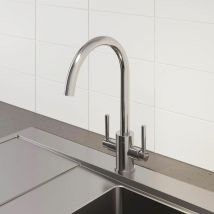 Kitchen Tap Dual Twin Lever Modern Mono Sink Mixer Hot Cold Faucet - Thun Curved Spout Swivel Chrome