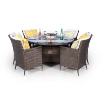 Savannah Fire Pit 6 Seater Round Rattan Dining Set - Brown