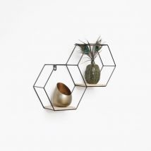 Vivol - Scaffale da parete doppio esagonale in metallo con 2 ripiani in legno - 30,5x41 cm - Nero