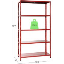 Scaffale In Metallo a Bulloni 5 Ripiani Portata 80kg a ripiano 100x40x185 Rosso - Grima