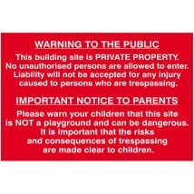 Scan - 4251 Building Site Warning To Public And Parents - pvc 600 x 400mm SCA4251