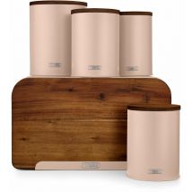 T826140PCLY Scandi 5-Piece Acacia Wood Storage Set with Bread Bin, Cracker Barrel, Jars, Pink Clay - Tower