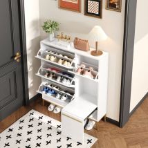 Modfu - Scarpiera 105x25x115,5cm con spazio di archiviazione aperto, scarpiera ribaltabile con panca per scarpe, mdf, bianco e oro