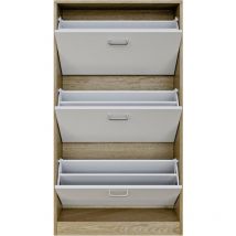 Scarpiera Slim Salvaspazio da Ingresso 3 Ante Doppie a Ribalta in Legno Melaminico -63x24x115 Bianco e Rovere - white