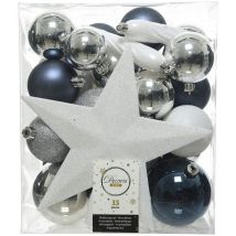 Decoris - Scatola da 33 accessori per alberi blu, bianchi e argento