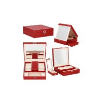 Scatola per gioielli in ecopelle 25x25x8,5 cm, cofanetto bordeaux con scomparti