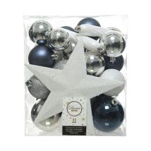 Schachtel mit 33 Baumzubehör blau, weiß und silber
