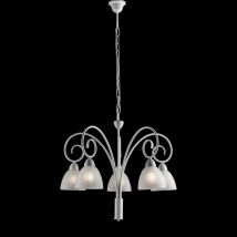 Bonetti Illumina - Schäbiger weißer Eisenkronleuchter mit weißen Alabasterglasschirmen fünf Lichter 57x h50 cm