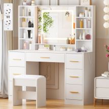 Schminktisch 100 × 40 × 140 Cm, Mit Usb-anschlüssen Und Steckdosen, Verstellbarer Led-beleuchtung, Spiegel Und Hocker, 7 Schubladen, Weiß