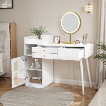 Dans Les Nuages - Schminktisch mit rundem Spiegel, verstellbarer LED-Beleuchtung, 3 Schubladen, Glastüren, Kommode aus Holz, moderner Stil – Weiß