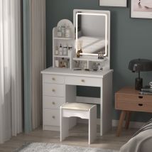 Schminktisch Mit Spiegel Mit Led-beleuchtung In Drei Farben Mit Hocker Mit 5 Schubladen Und Regalen Weiß 80 (länge) X 40 (tiefe) X 140 (höhe) Cm