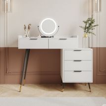 Schminktisch(Ohne Stühle), Enthält ausziehbare Seitenschränke, mit Spiegel einstellbare Helligkeit, mit 5 Schubladen, Großer Frisierkommode
