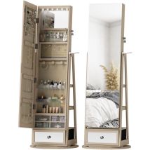 Schmuckspiegel Mit Led-beleuchtung, Schmuckschrank Mit 360° Drehbarem Spiegel, Schublade, Schloss, Natur