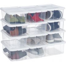 24 x Schuhbox Kunststoff, stapelbar, durchsichtige Aufbewahrungsboxen mit Deckel, HxBxT: 12,5 x20 x 34,5 cm, weiß