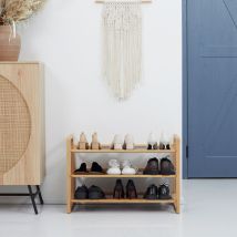 Schuhregal Für 9 Schuhpaare, 3 Etagen, Erhöhte Kanten, Bambusholz, 76 X 33 X 51 Cm