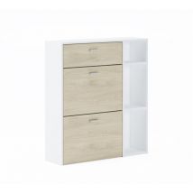 Skraut Home - Schuhregal WIND, Strukturfarbe Weiß, Eiken-Farbe in den 2 Schwingtüren und Schublade, Maße 90x26x101,5cm hoch.