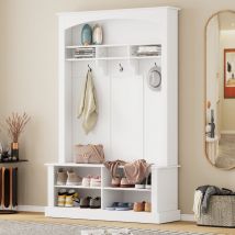 Schuhschrank 190 Cm, Mit Bank, Garderobe, Verstellbaren Ablageböden, Haken, Modernes Design, Für Flur, Eingang Oder Vorraum – Weiß