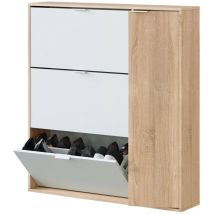 Schuhschrank Provo, Schuhschrank mit 4 Türen, Niedriger Mehrzweckschrank mit 5 Einlegeböden, Modernes Schuhregal, cm 106x22h115, Eiche und Weiß